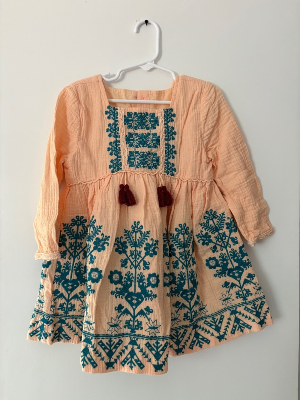 Peach Embroidered Tunic Dress with Teal Floral Motif